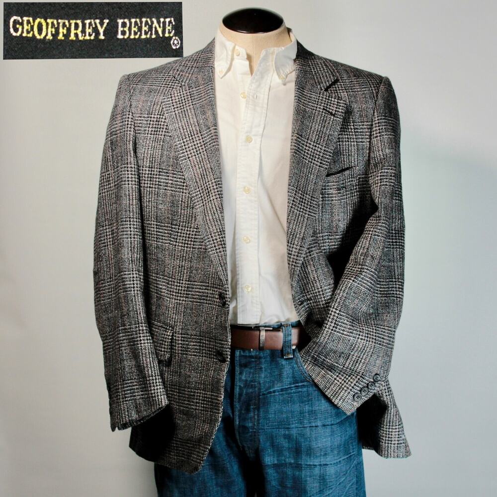 Vtg Geoffrey Beene Sport Coat Blazer Jacket Gray 43R Glen Check Plaid